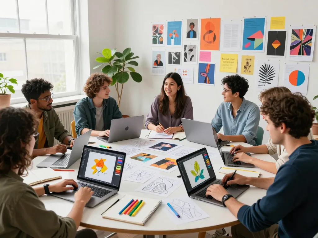 Design team using the nano banana AI image editor to generate creative visuals in a vibrant studio.