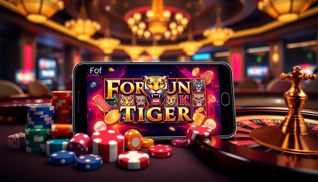 Experience the thrilling slot game สล็อต Fortune Tiger มือถือ in an exciting casino scene.