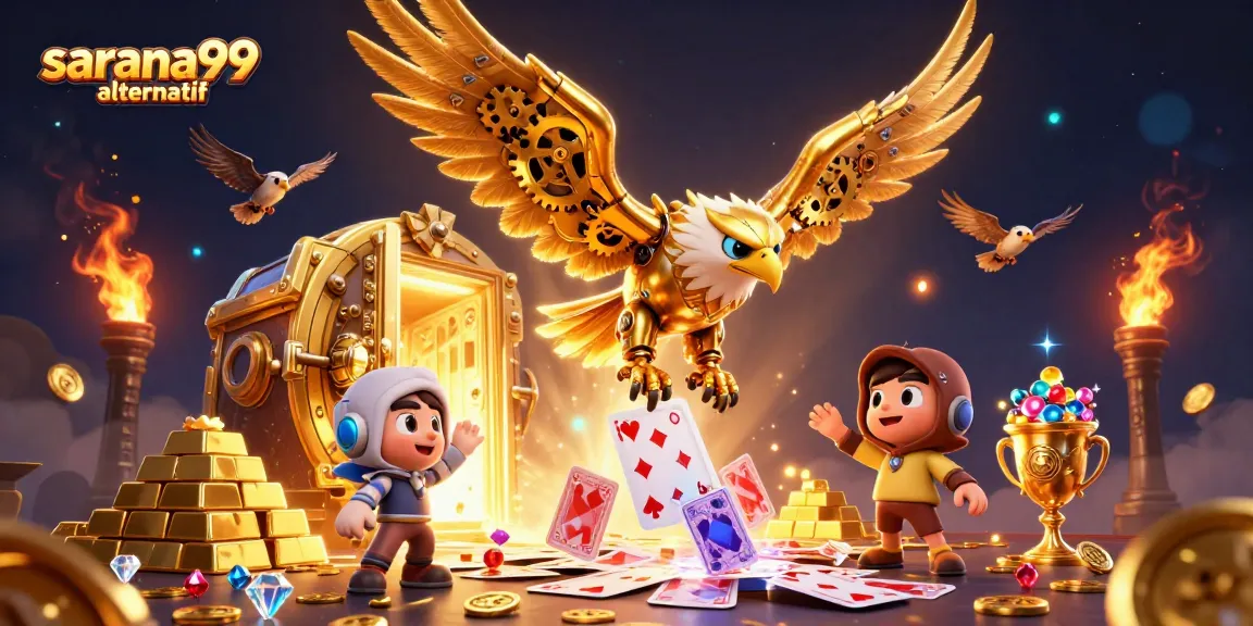 Sarana99 alternatif casino illustration featuring a golden eagle, holographic cards, and treasure elements.