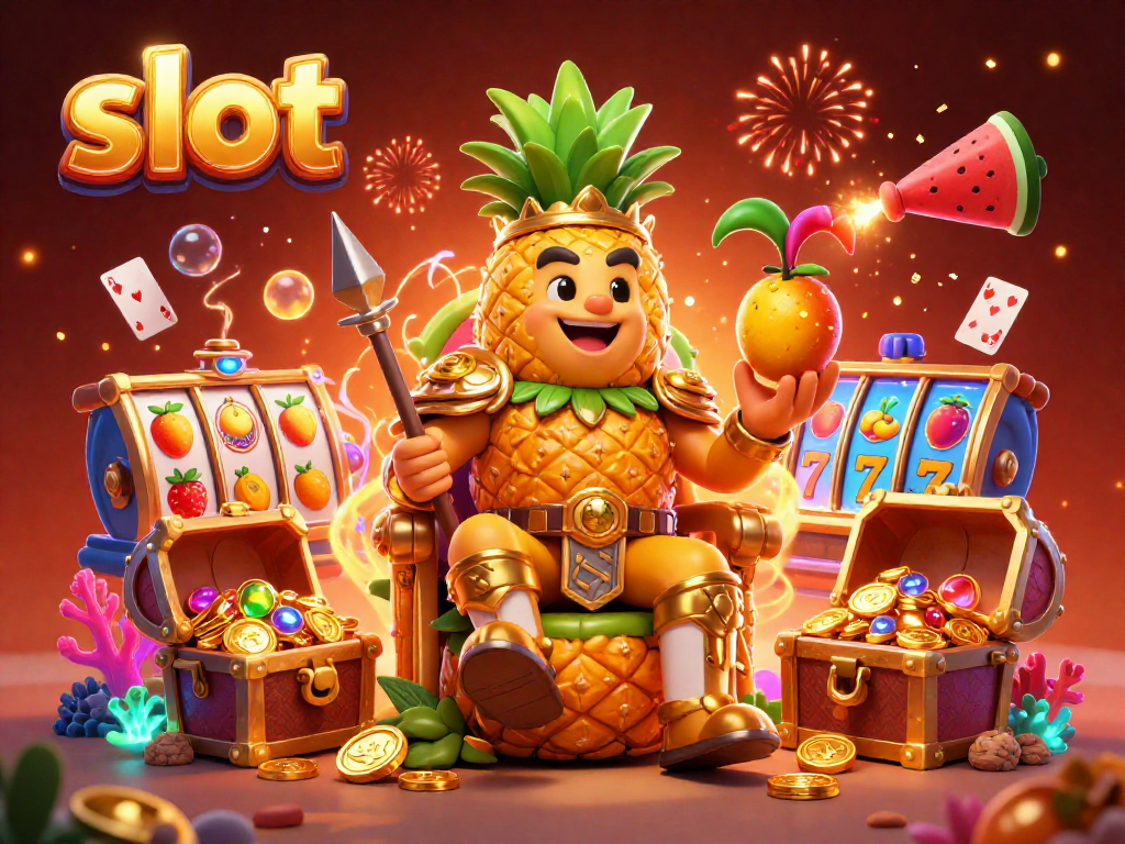 Spin the slot wheel of fortune with the golden pineapple king and vibrant casino elements in a lively beach setting.