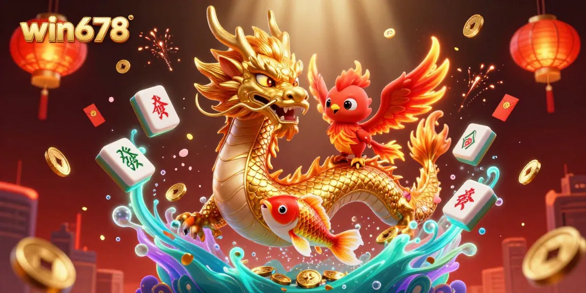 Win678 showcases the golden dragon and phoenix in an engaging casino scene with stunning 3D details.