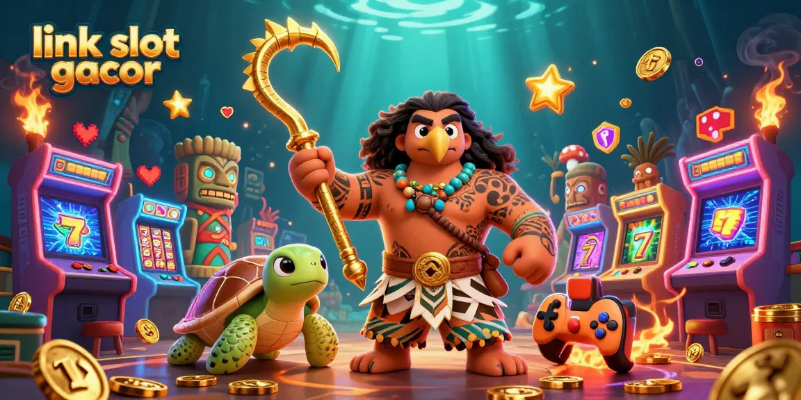 Engage with link slot gacor through a vibrant scene featuring a Polynesian demigod and vibrant slot elements.
