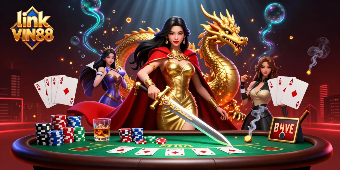 Engage in exciting gameplay with link VIN88 at a vibrant casino scene featuring immersive poker elements.
