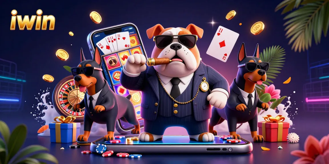 Experience the action in iwin's thrilling gaming scene with a cartoon bulldog mafia boss and dynamic slots.