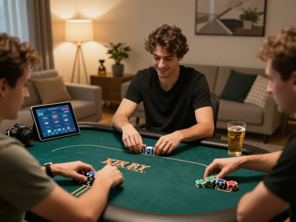 Engaged player strategizing in an online poker game at https://123hero.pro/ with warm lighting and cozy decor.