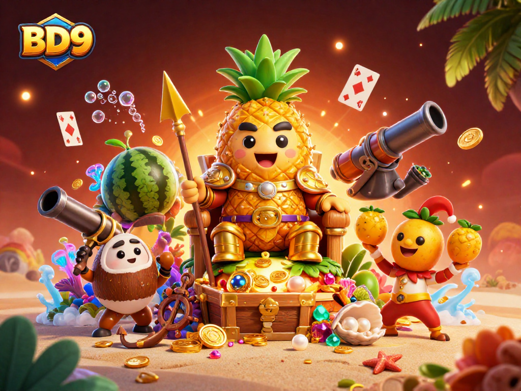 Experience thrilling gameplay at BD9's colorful casino scene with vibrant characters and treasure.