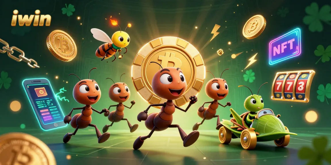 iwin's thrilling heist scene with ants, poker chips & neon crypto coins, showcasing casino excitement