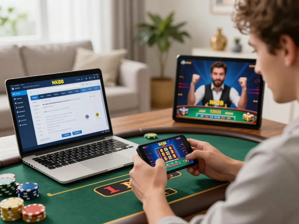 Engaging in mobile gaming on NK88 com in a cozy home setup.