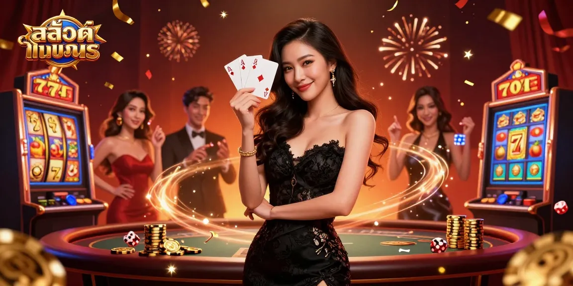 Engage in สล็อตทดลอง with elegant Asian woman showcasing ace playing cards in a luxurious casino.