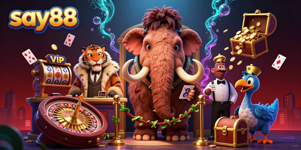 SAY88 casino environment featuring a woolly mammoth bouncer and saber-tooth tiger VIP amidst floating cards and gold coins.