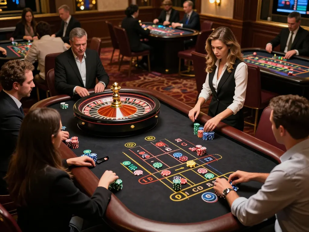Players engage in a high-stakes roulette game at a luxurious VIP section of 23win casino.