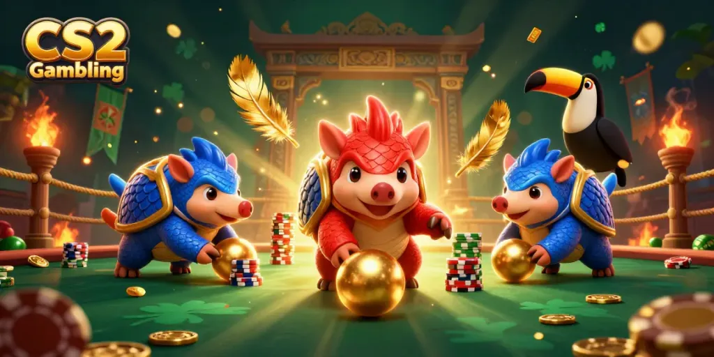 Engaging CS2 Gambling scene with rival pangolins and gold coins in a dynamic casino setting.
