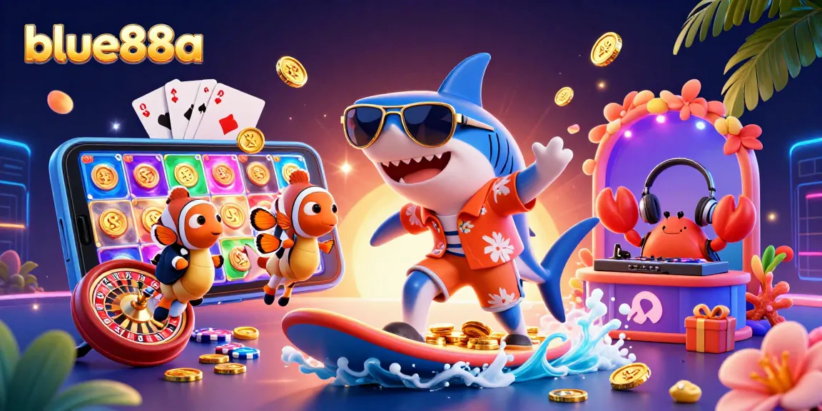 Experience the vibrant blue88a casino scene with a shark surfing on gold coins.