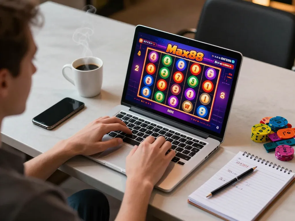 Player engaging in a vibrant Max88 online slot game at home, showcasing screen with spinning reels.
