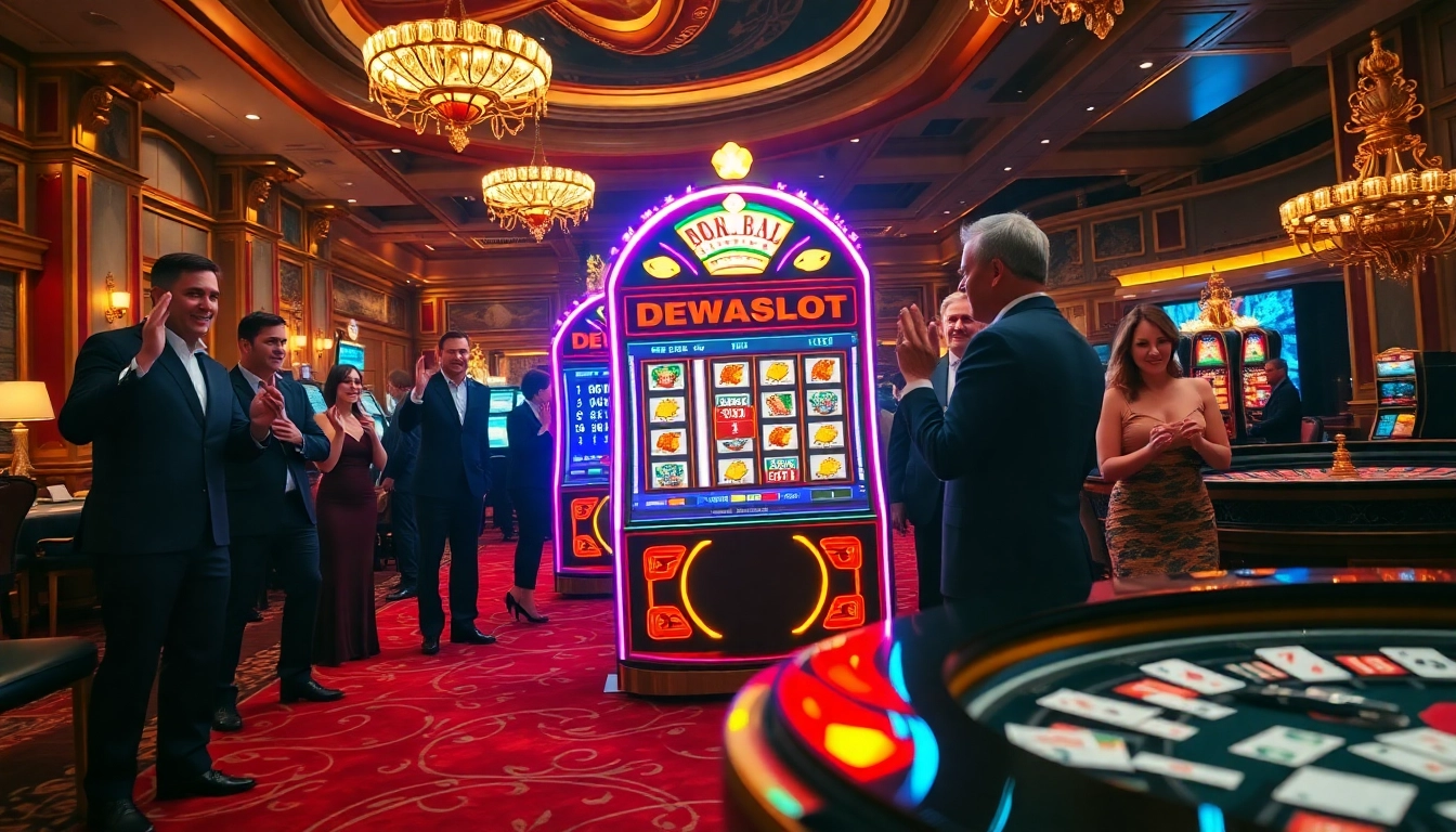 Dewaslot slot machine exhilarating win moment in a luxurious casino setting.