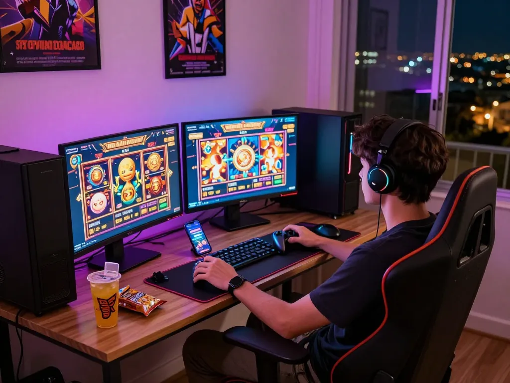 situs slot gacor suasana permainan dengan pemain di setup desktop berwarna-warni
