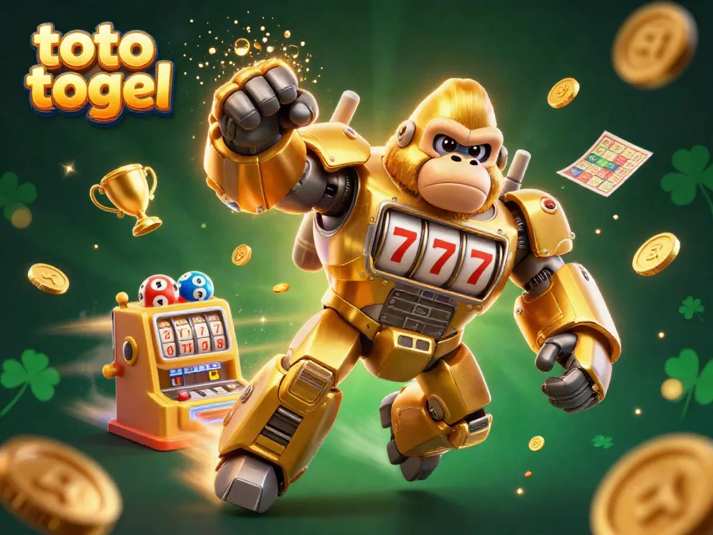 Engage with thrilling toto togel lottery action featuring a golden gorilla mech and flying lottery elements, enhancing excitement in this 3D scene.