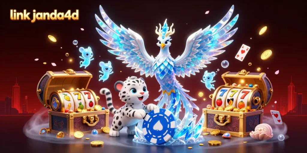 Menangkan jackpot dengan link janda4d, ilustrasi kasino 3D yang menakjubkan dengan karakter dan elemen permainan.