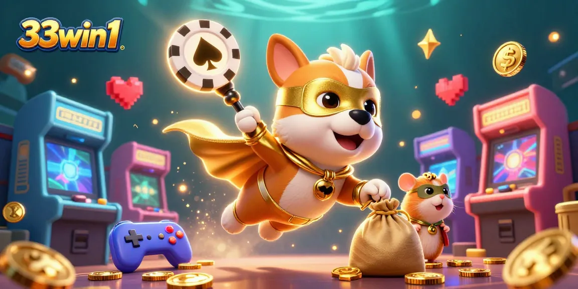 Engage in thrilling gameplay with 33win1, featuring a superhero dog and vibrant casino elements.
