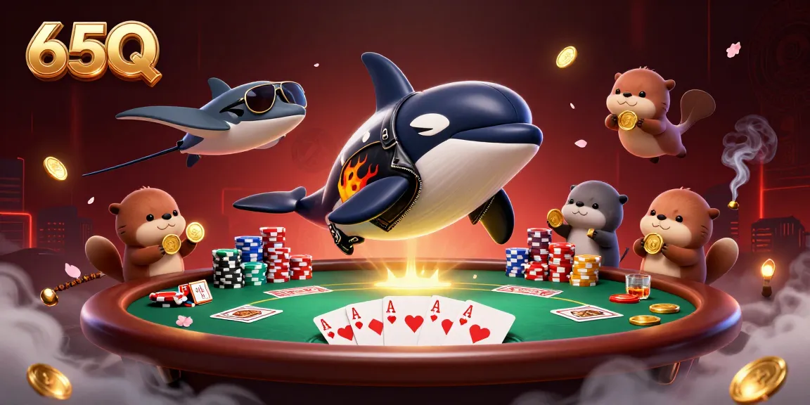 Ilustração 3D mostrando o 65Q em uma cena animada de cassino com animais marinhos e itens de poker.