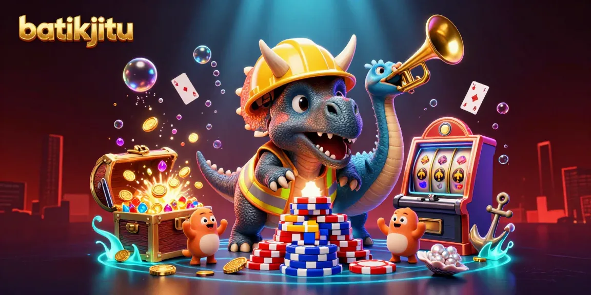 Menghadirkan batikjitu, triceratops sedang membangun tumpukan chip poker dalam suasana kasino yang meriah.