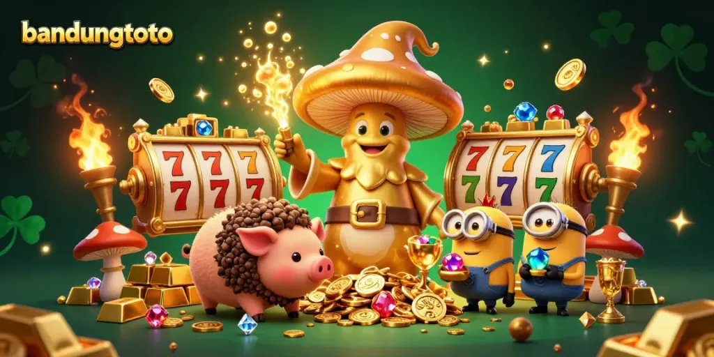 Experience the vibrant magic of bandungtoto with a golden mushroom wizard surrounded by dazzling casino treasures.
