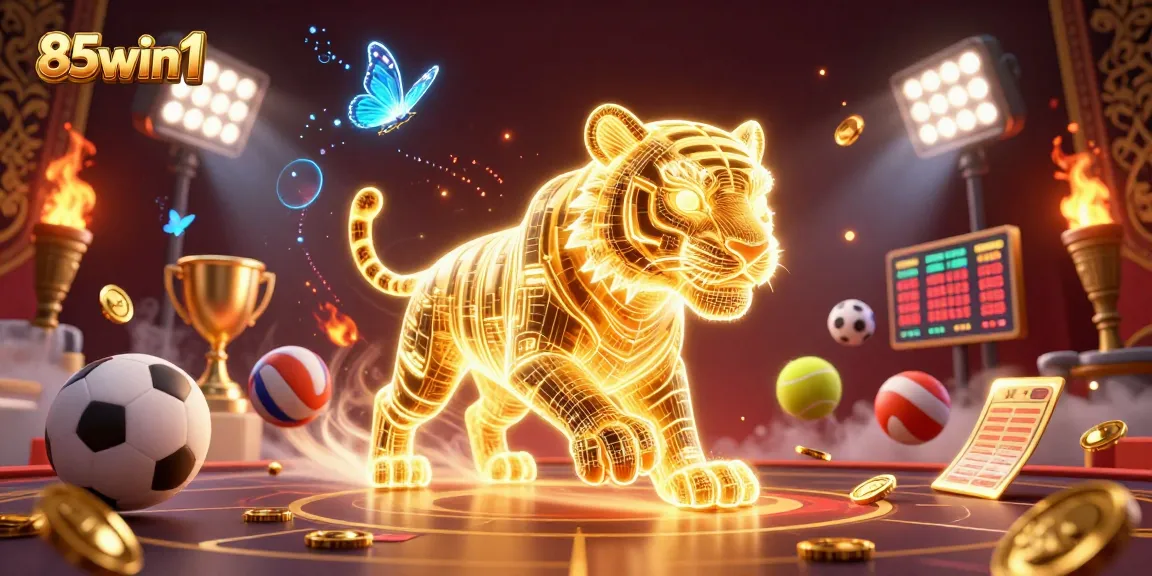 Engage with 85win1 as the golden tiger traverses a vibrant casino landscape filled with dazzling sports elements and energy.