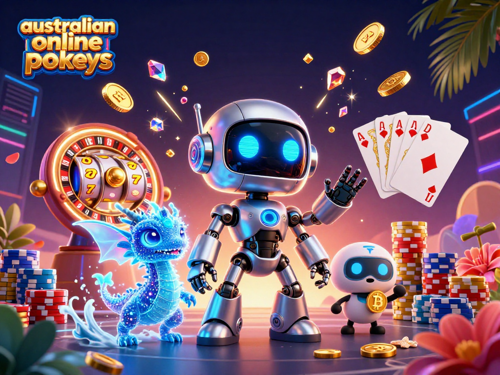 Engage with exciting australian online pokies in a vibrant 3D casino scene enriched with dynamic gaming elements.