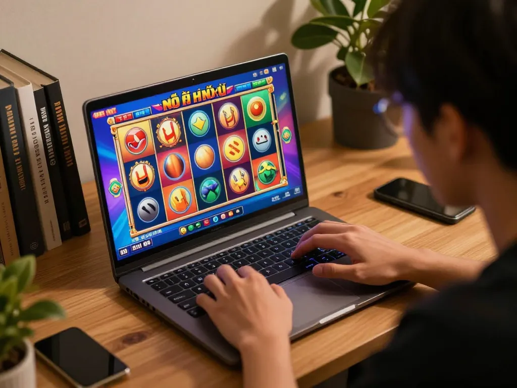 Player engaging with nổ hũ slot game on laptop, showcasing vibrant graphics and intense concentration