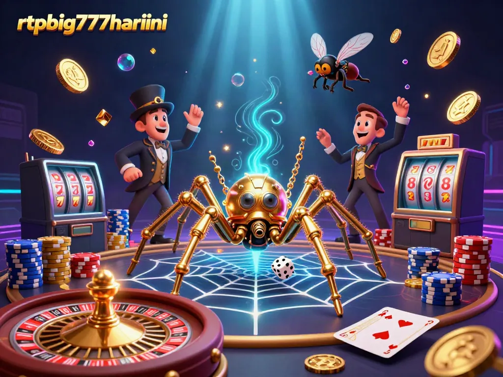 Engage with rtpbig777hariini's thrilling gaming scene featuring a playful steampunk spider, golden coins, and vibrant casino elements.