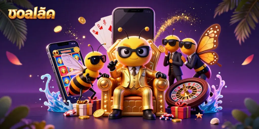 Experience the excitement of บอลสด with a vibrant 3D scene featuring a bumblebee mob boss and a colorful gaming setup.