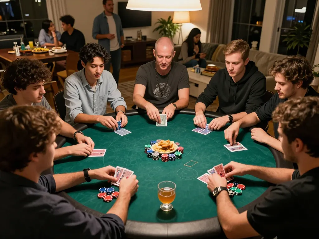 Players at casinos not on gamstop engage in a poker game at a vibrant home gathering, showcasing fun.