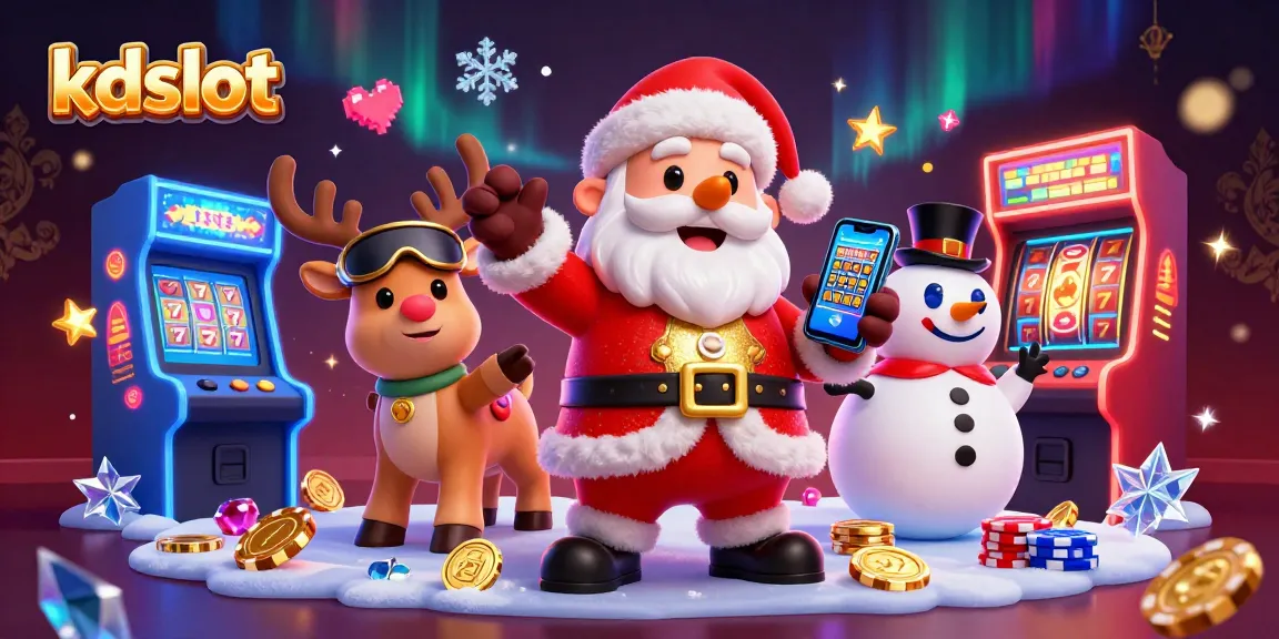 KDSlot brings joy as Santa Claus showcases jackpot slots in a vibrant casino scene.