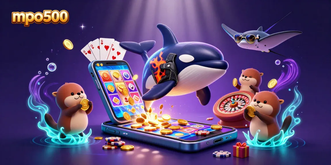 Experience the excitement of mpo500 with a dynamic underwater casino scene featuring vibrant characters and gameplay elements.