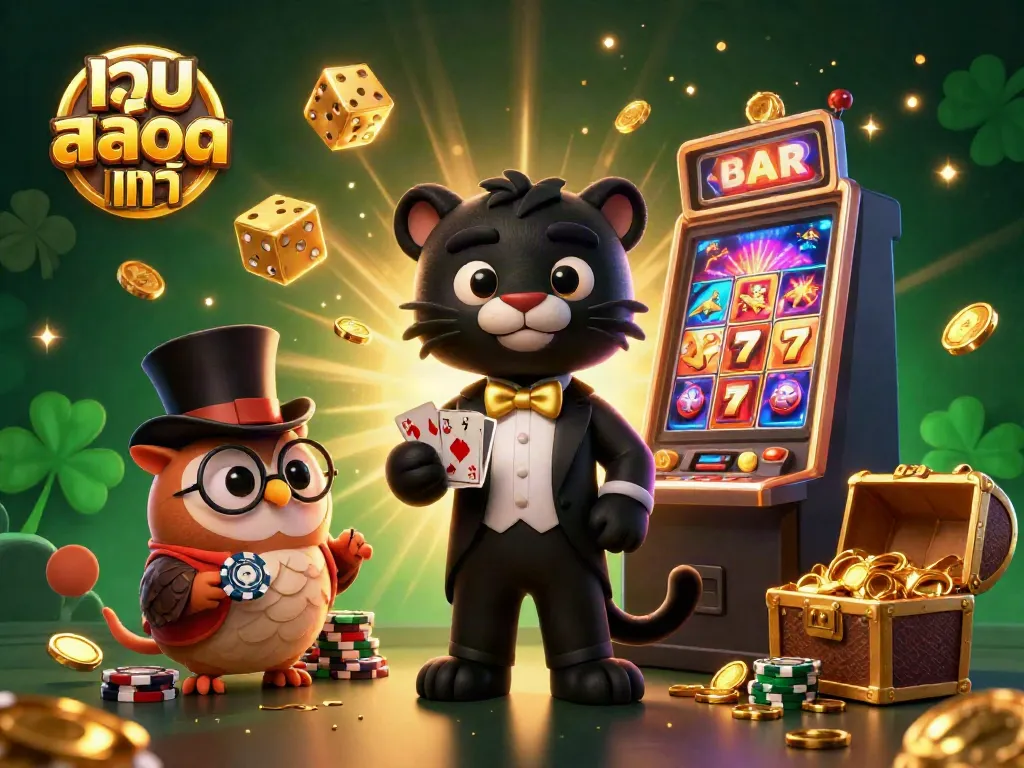 Experience exciting gaming moments with เว็บสล็อตแท้ featuring a blackjack-dealing panther, an owl with poker chips, and a lucky mouse.