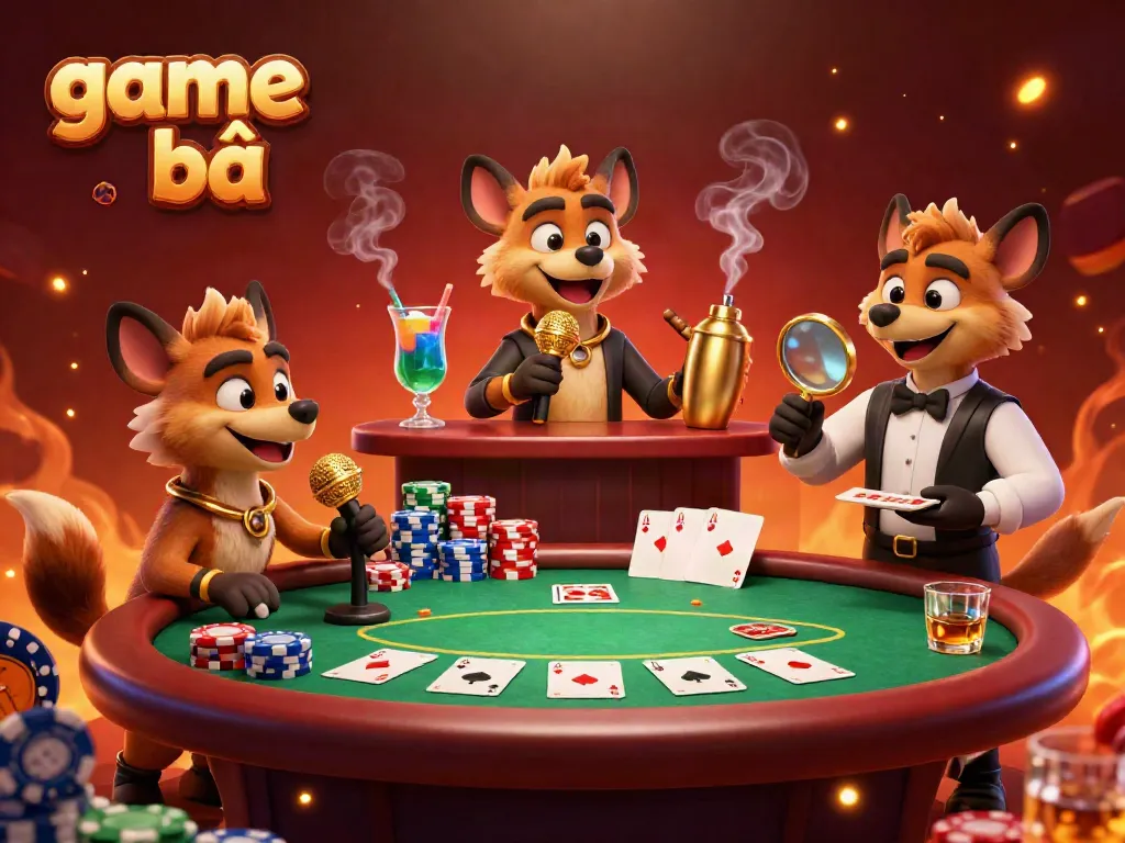 Hyenas engage in casino activities while promoting game bài with vibrant poker elements.