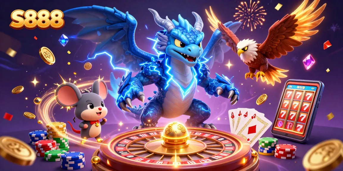 Experience thrilling wins at S888 with colorful poker chips and a dynamic casino atmosphere.