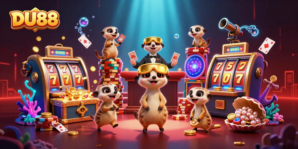 Experience thrilling gameplay at DU88 with a lively meerkat casino scene featuring exciting slot games.