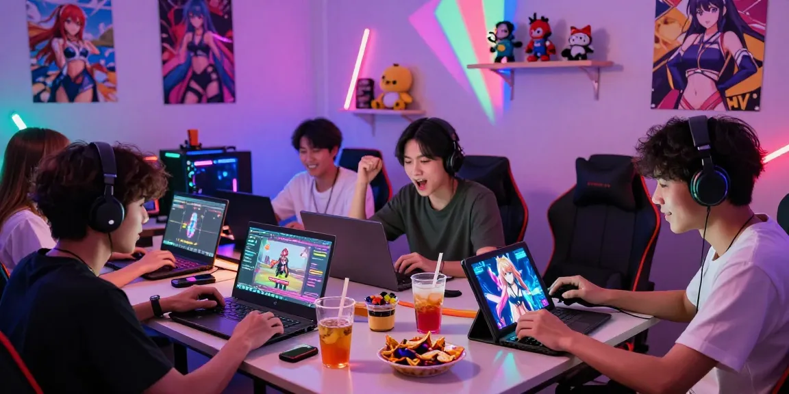 Group of friends enjoying a hentai game session in a vibrant gaming room with anime decor.