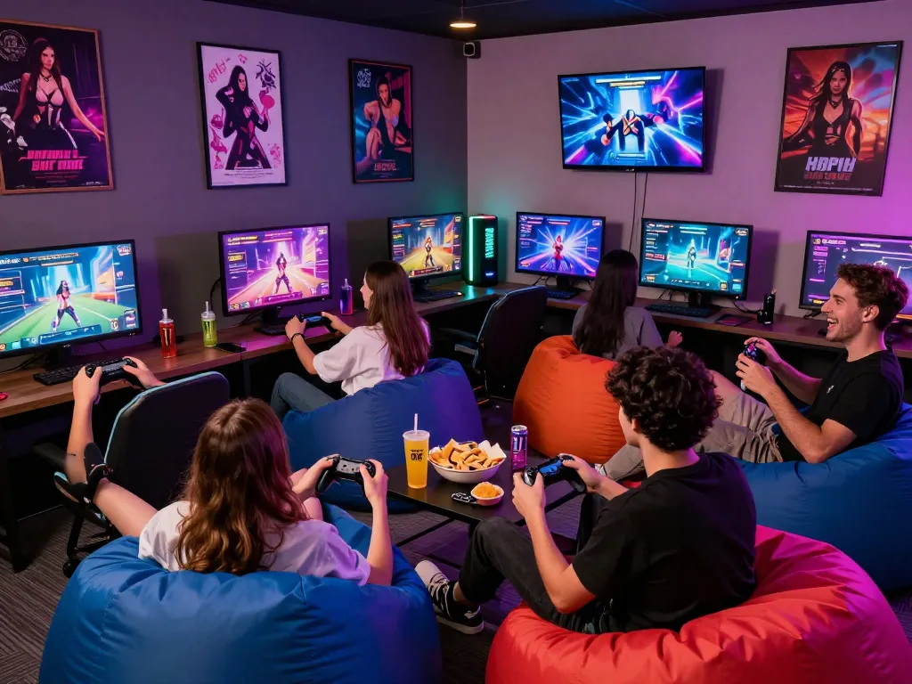 Friends enjoying an adult game session in a vibrant gaming lounge with interactive porn games.