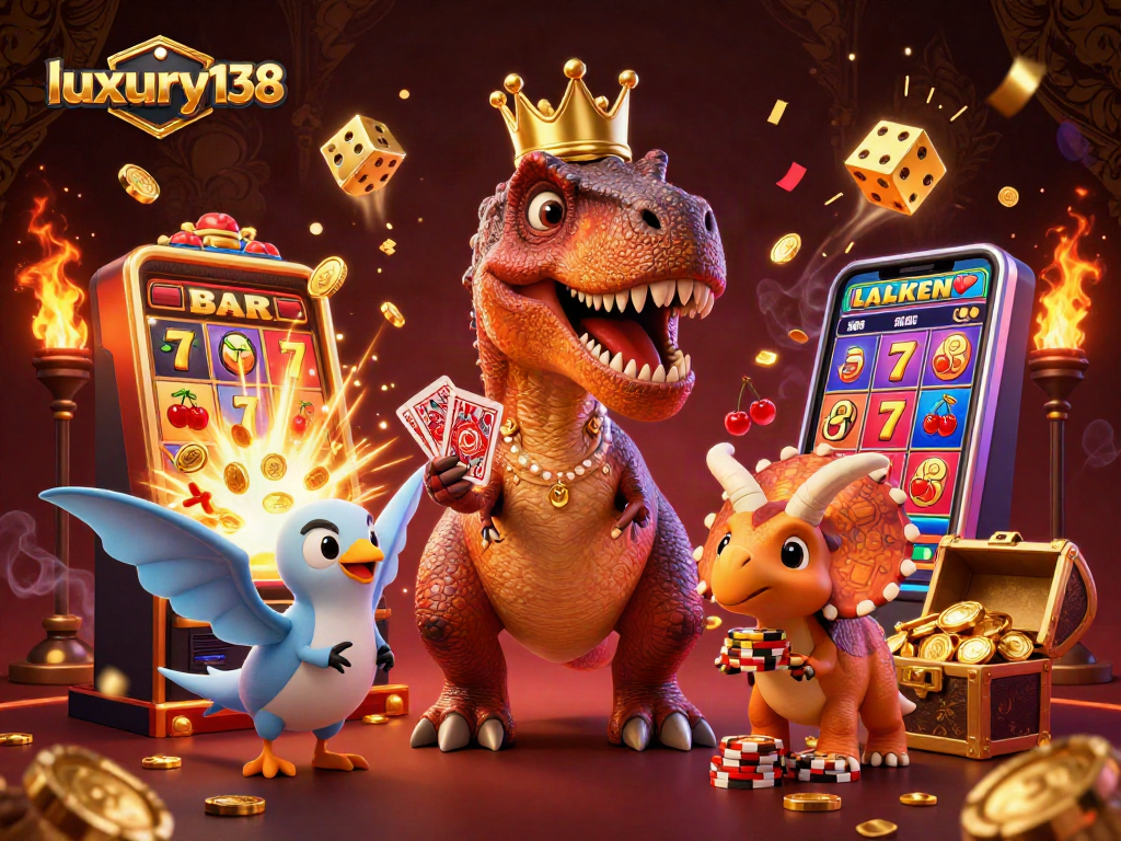 Luxury138 dalam aksi: T-Rex bermain kartu di kasino 3D berkilau