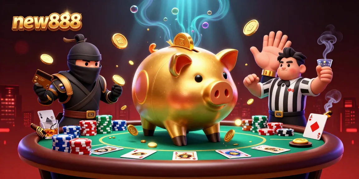 Experience excitement with new888's vibrant casino scene featuring animated characters and dynamic poker elements.