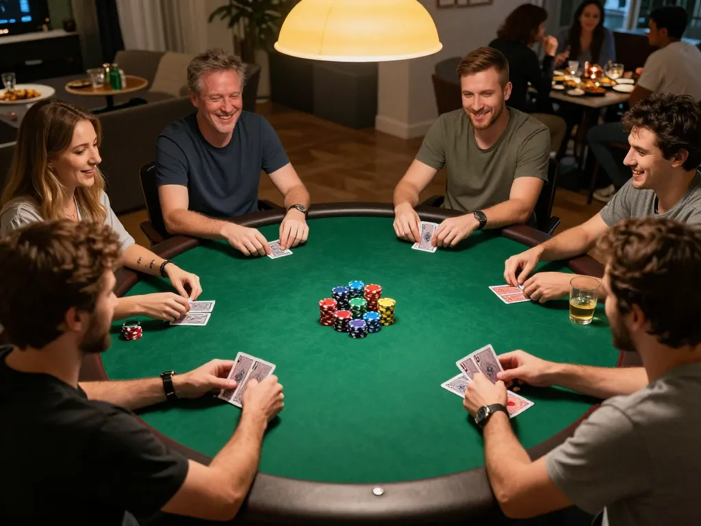 Win55 poker game in progress with players enjoying casual home gambling atmosphere.