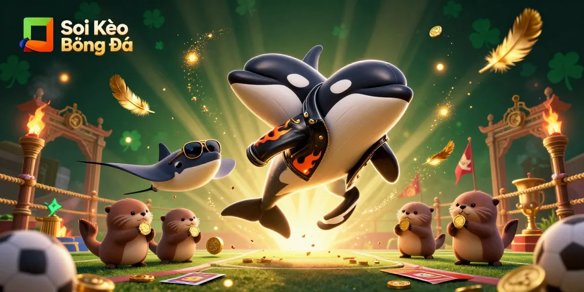 Soi Kèo Bóng Đá action illustration featuring a whale, stingray, and otters celebrating sports betting