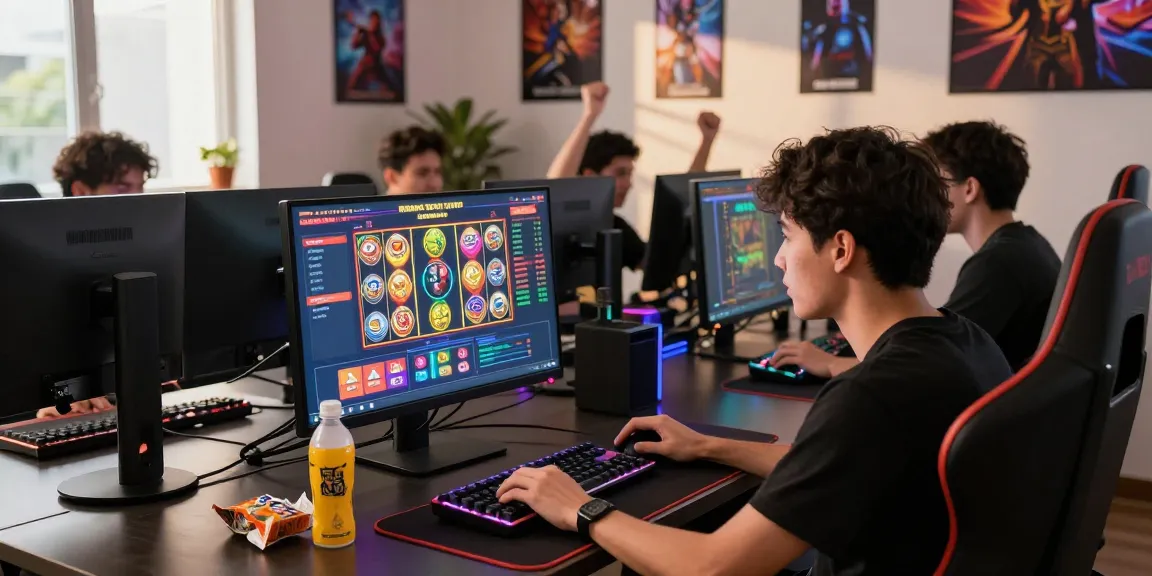 Engaging online gaming scene featuring pajaktoto rtp interface, enthusiastic player at vibrant home office setup.