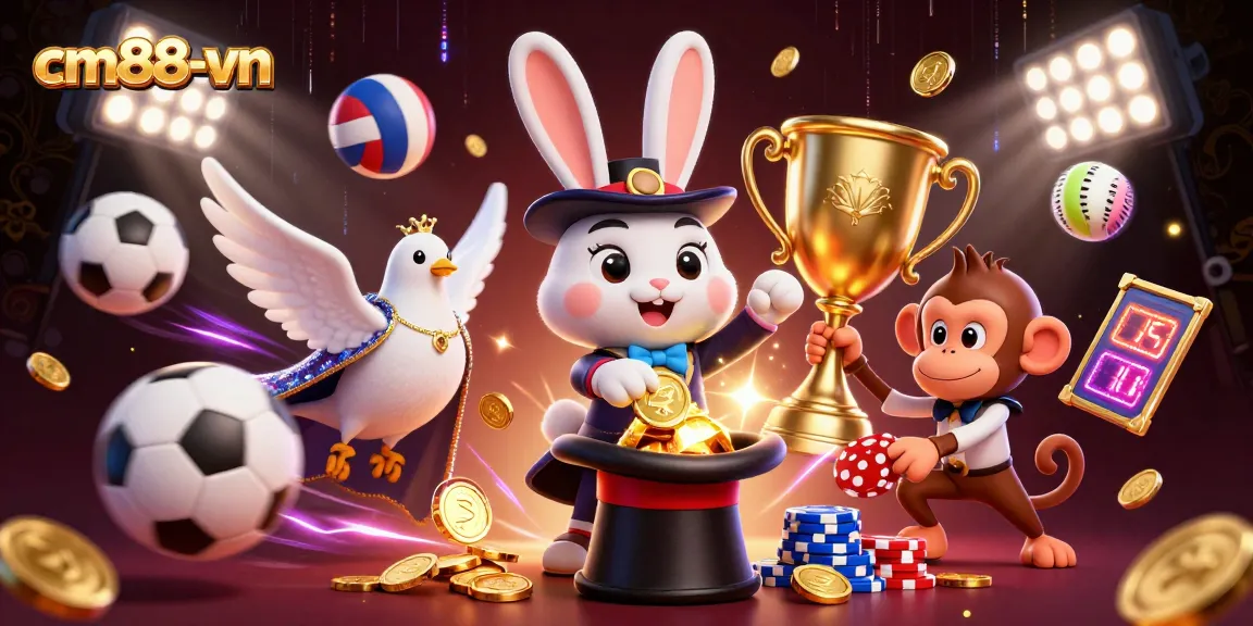Engage with cm88-vn's dynamic gaming experience, showcasing a magician rabbit, dove, and monkey in a vibrant casino scene.
