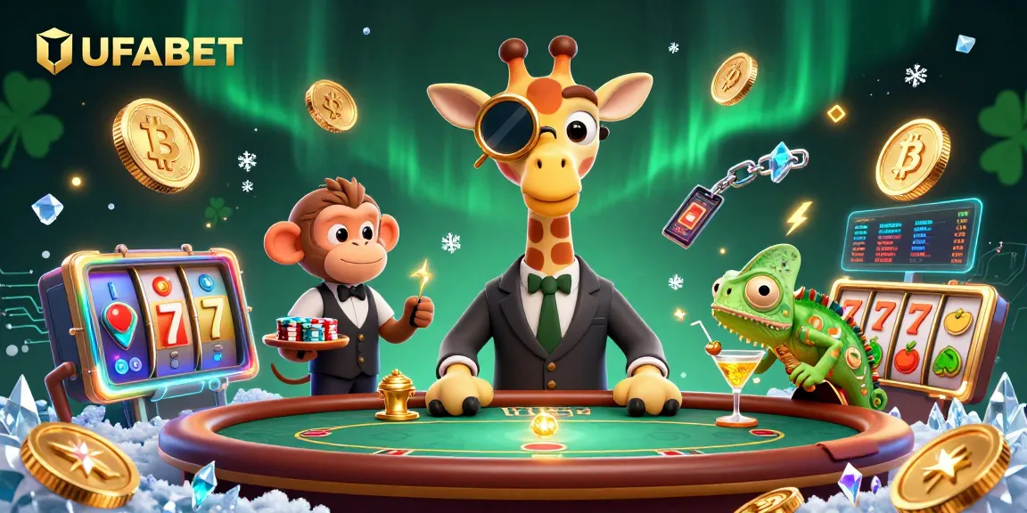 Experience thrilling online gambling at UFABET with a cartoon giraffe playing poker alongside unique crypto-themed elements.