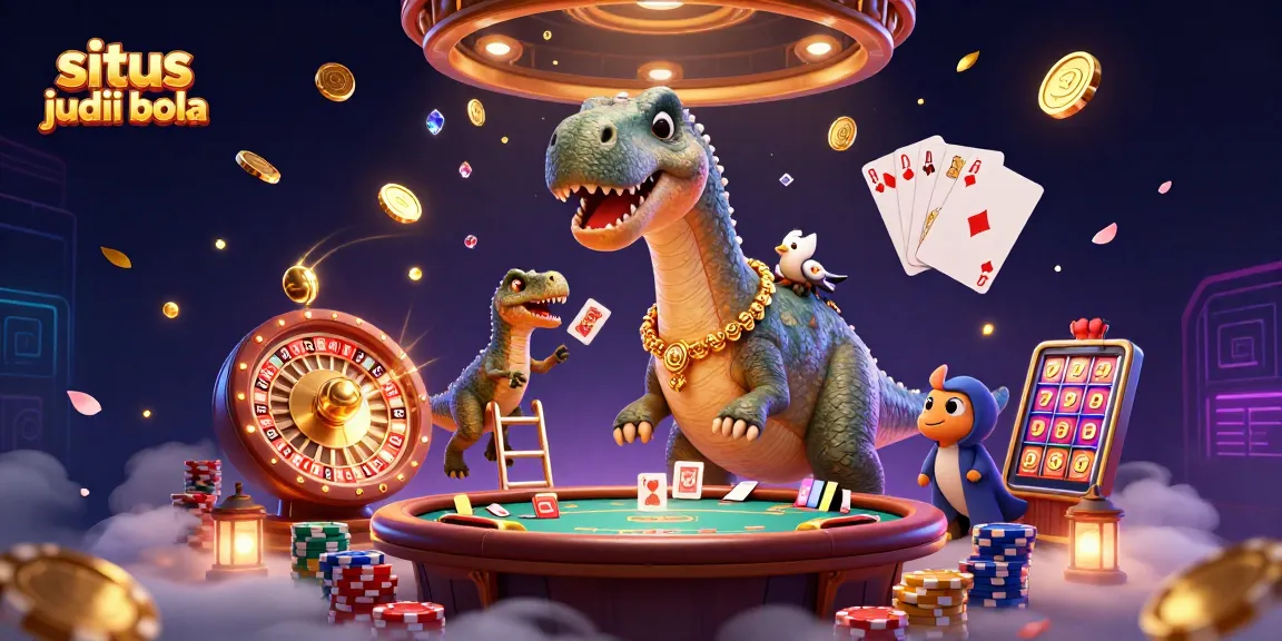 Engage in thrilling bets at situs judi bola with a dynamic casino scene featuring animated characters and game elements.