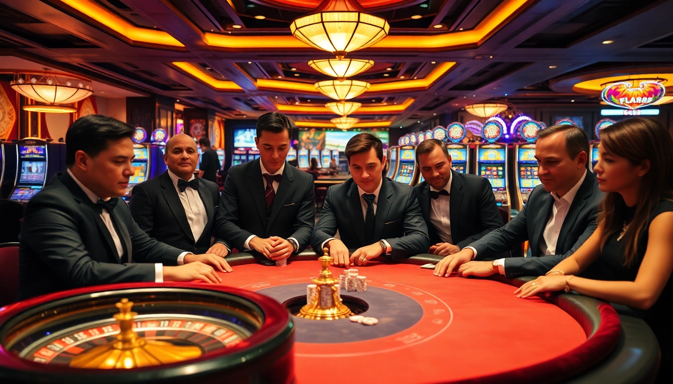 Players enjoying a thrilling poker game at FLY88 casino, showcasing luxury and excitement.