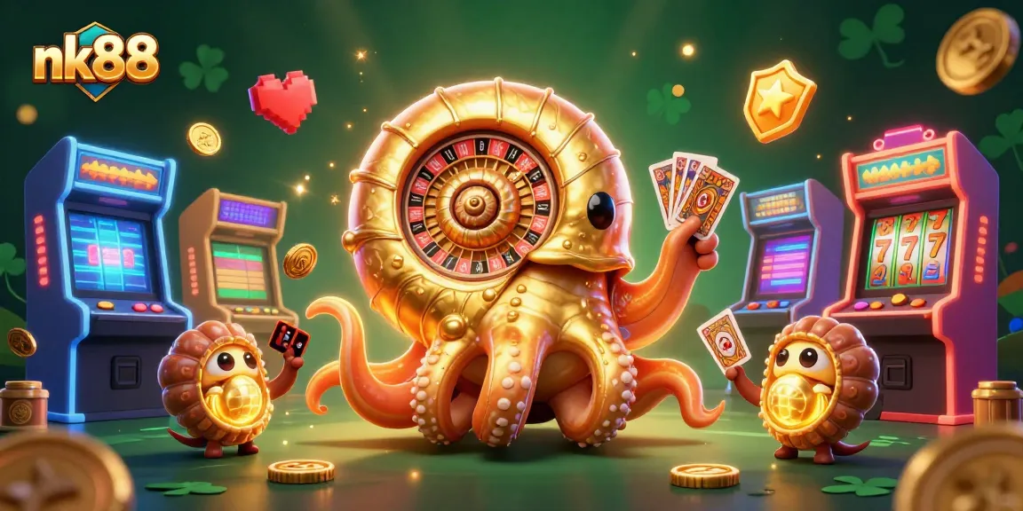 Engage in thrilling slot action at nk88 with a vibrant 3D casino scene featuring a giant nautilus and glowing game machines.